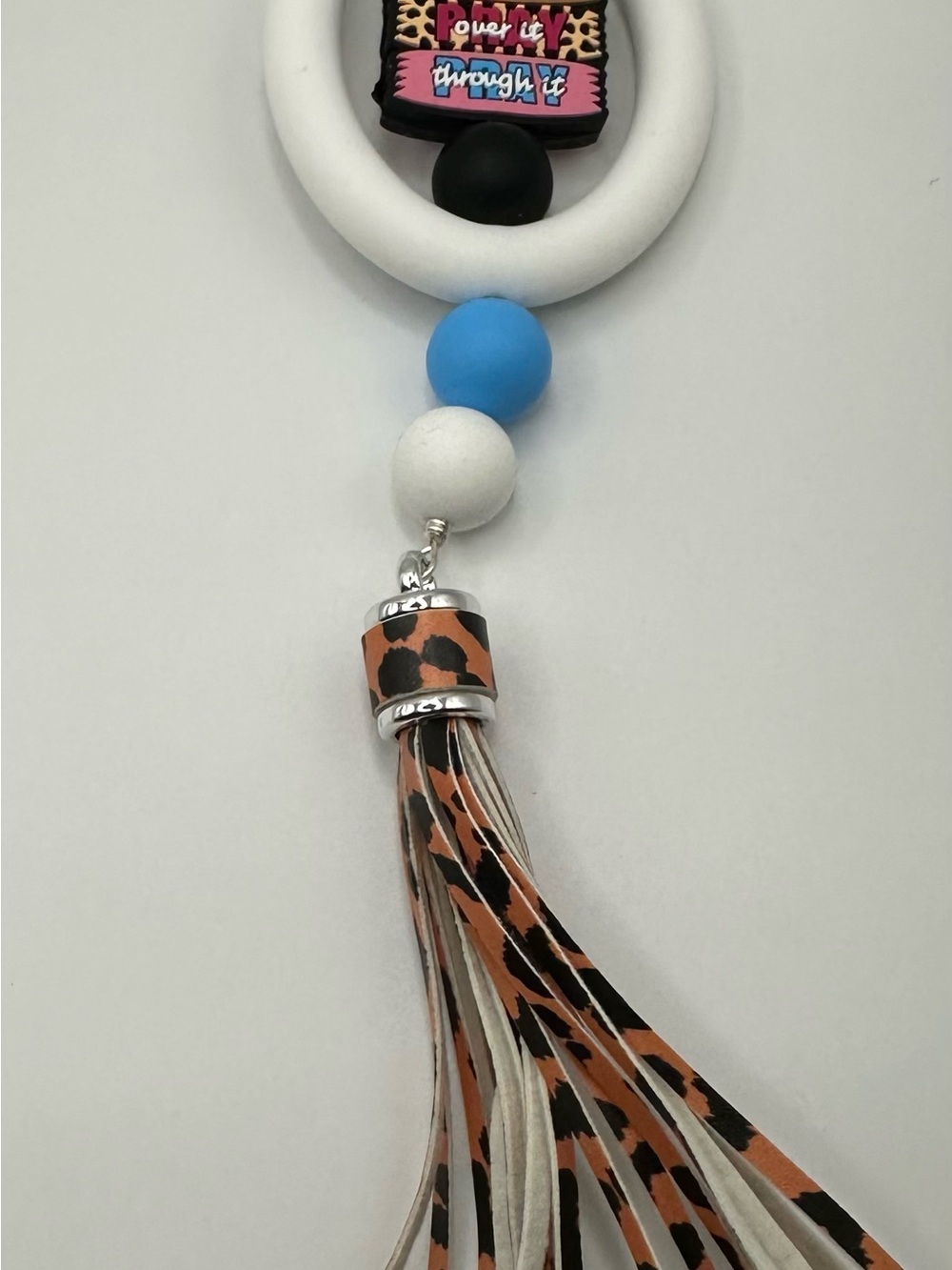 Leopard Tassel Pendant Keychain or Bag Dangle with Blue and White Beads